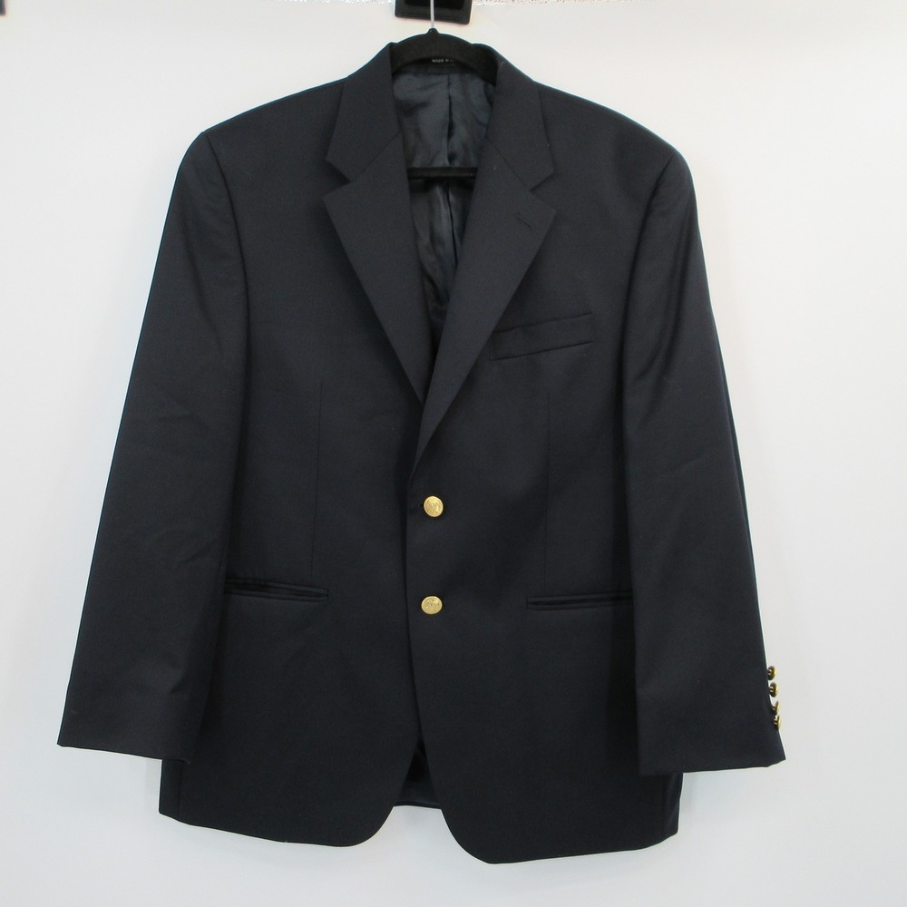 Chaps Mens Navy Blue 100% Wool 2 Button Blazer Gold Crest Buttons Size 40R